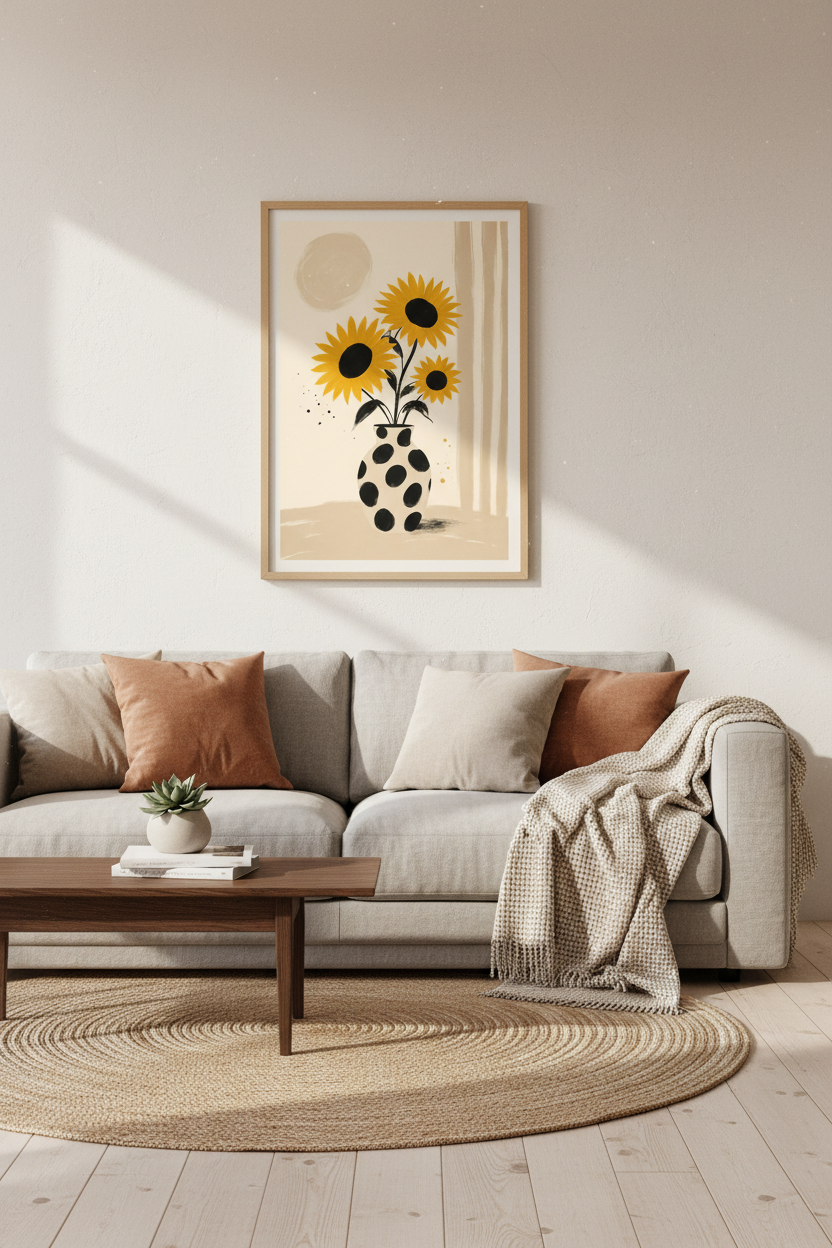 Sunflower Still Life Wall Art | Boho Floral Vase Print, Modern Kitchen Decor
