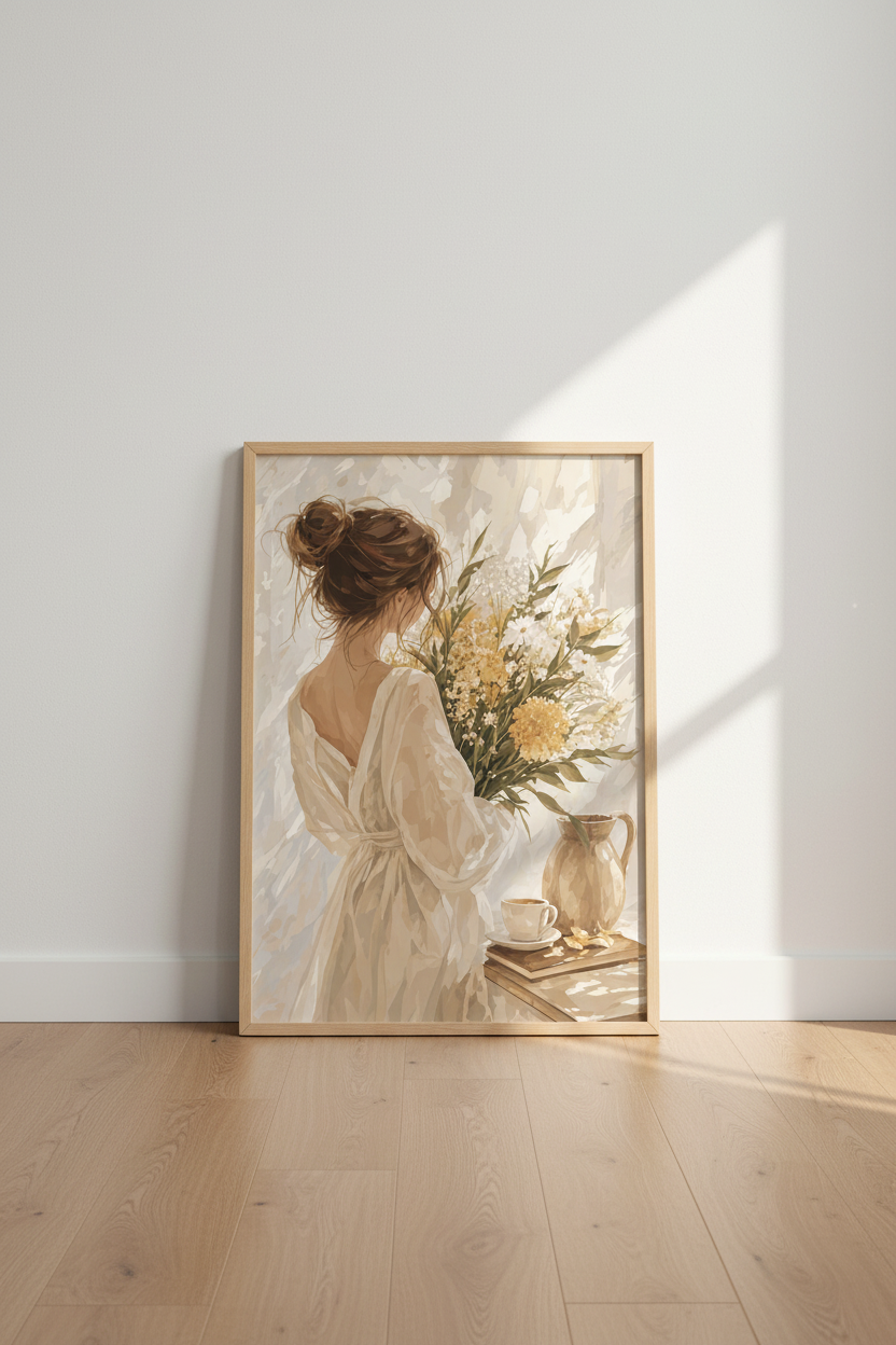 Woman with Flowers Art | Neutral Cottagecore Decor, Impressionist Poster