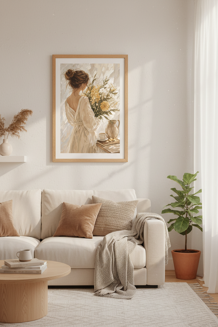 Woman with Flowers Art | Neutral Cottagecore Decor, Impressionist Poster