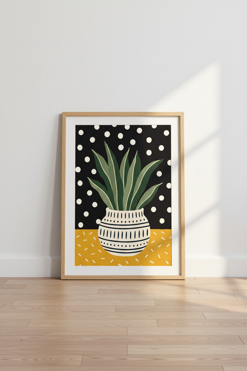 Folk Art Plant Print | Botanical Boho Decor, Modern Polka Dot Poster