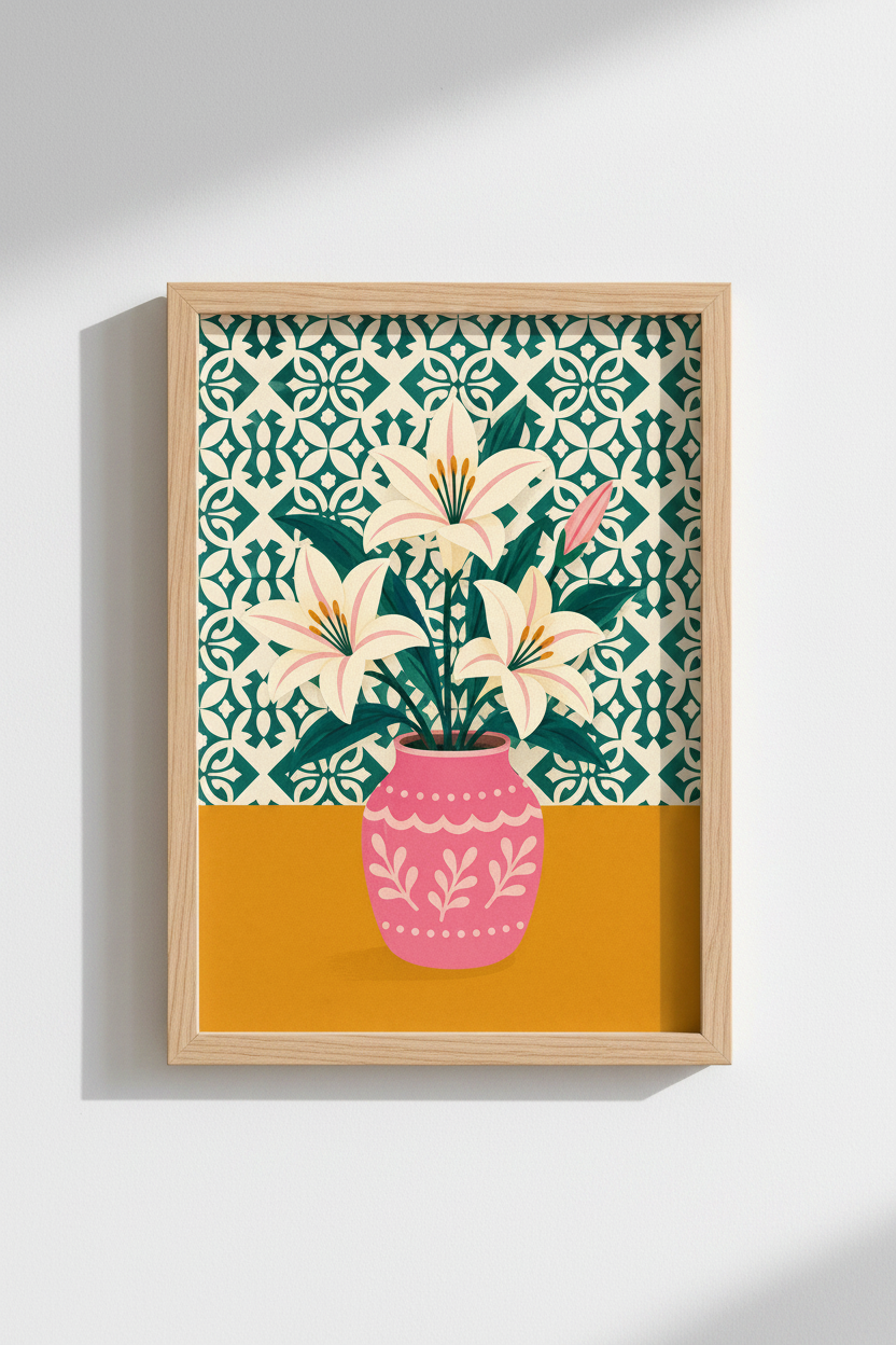 Botanical Flower Poster | Teal &amp; Pink Lily Wall Art, Modern Floral Decor