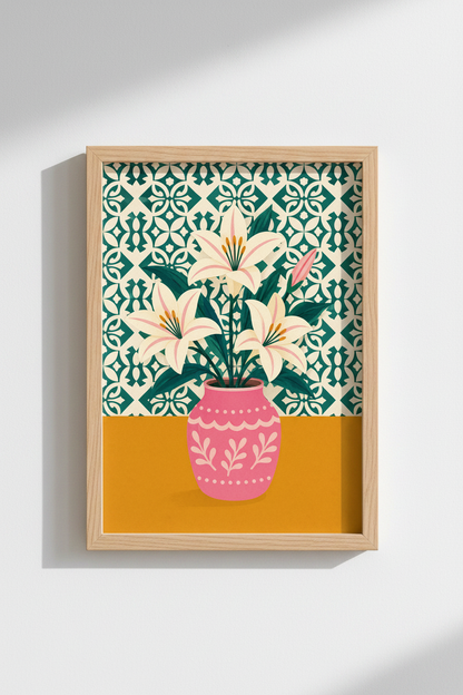 Botanical Flower Poster | Teal &amp; Pink Lily Wall Art, Modern Floral Decor