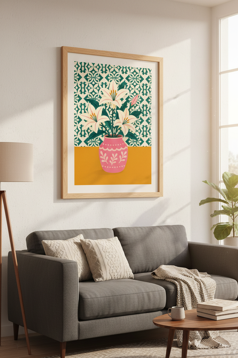 Botanical Flower Poster | Teal &amp; Pink Lily Wall Art, Modern Floral Decor
