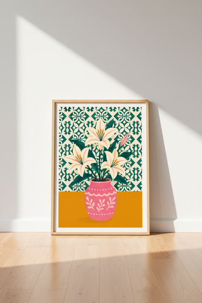 Botanical Flower Poster | Teal &amp; Pink Lily Wall Art, Modern Floral Decor