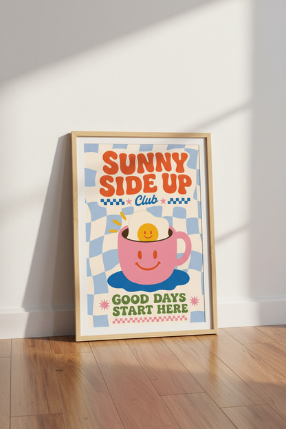 Retro Sunny Side Up Print | Groovy Kitchen Wall Art | Pink &amp; Blue Aesthetic Poster