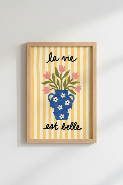 Floral wall art | Blue vase with pink blooms | Living room decor poster