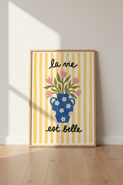Floral wall art | Blue vase with pink blooms | Living room decor poster
