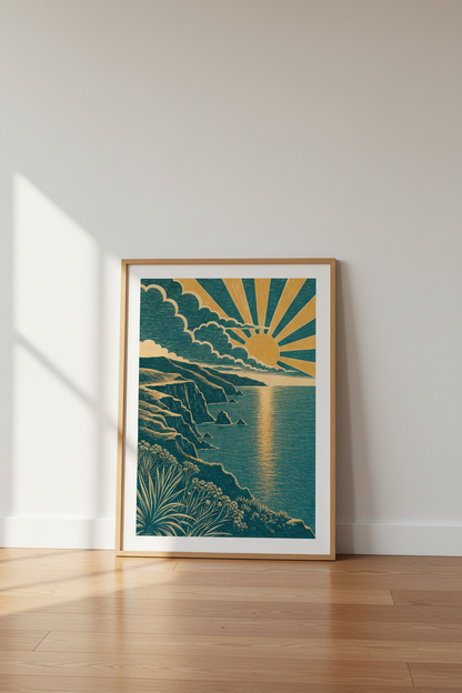 Coastal Sunset Woodcut Wall Art | Teal &amp; Gold Ocean Print, Living Room Decor