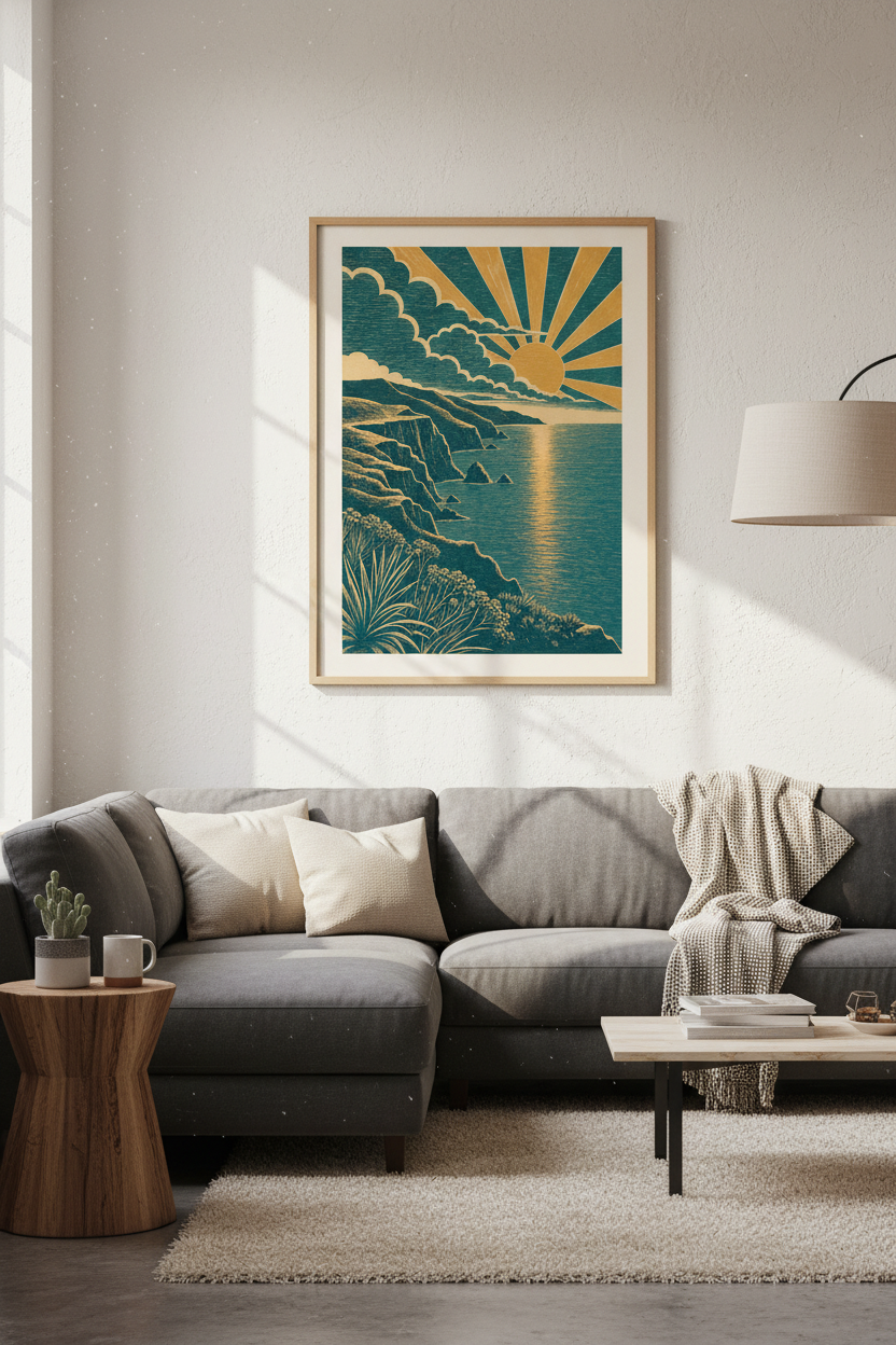 Coastal Sunset Woodcut Wall Art | Teal &amp; Gold Ocean Print, Living Room Decor