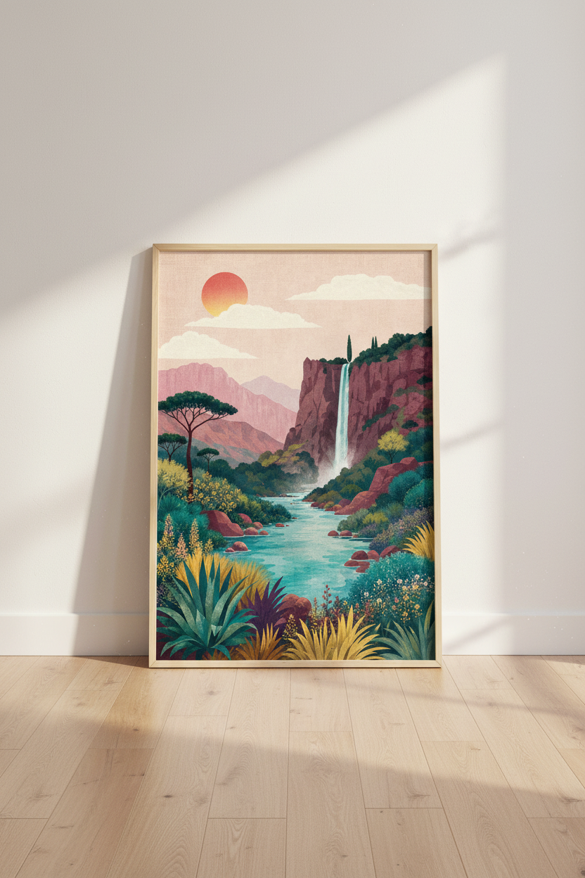 Waterfall Landscape Wall Art | Boho Mountain Sunset Print | Modern Nature Poster Decor