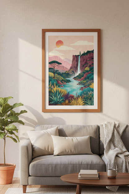 Waterfall Landscape Wall Art | Boho Mountain Sunset Print | Modern Nature Poster Decor