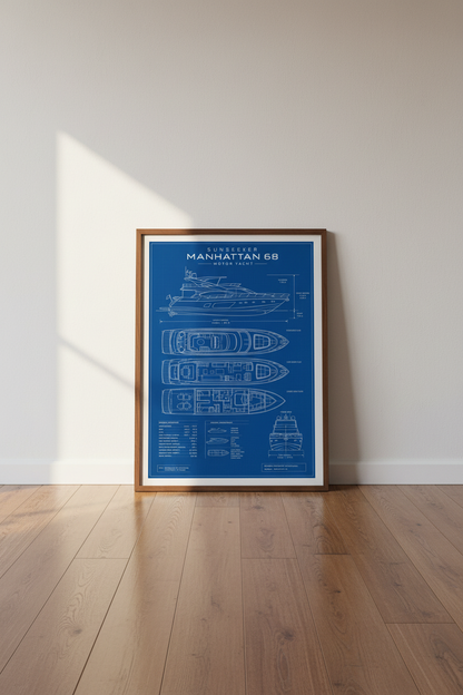 Sunseeker Yacht Blueprint Art | Motor Yacht Poster, Nautical Office Decor