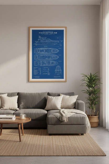 Sunseeker Yacht Blueprint Art | Motor Yacht Poster, Nautical Office Decor