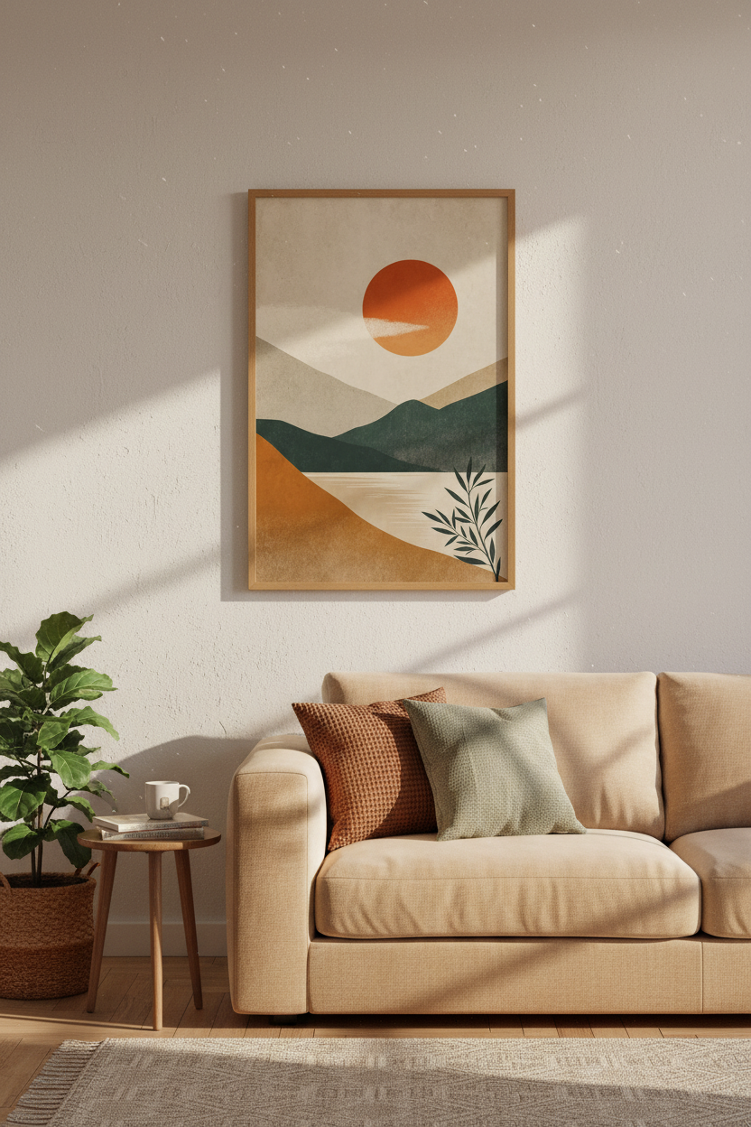 Abstract Sun &amp; Mountain Wall Art | Mid Century Modern Boho Poster, Living Room Decor