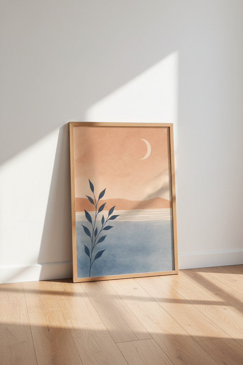 Abstract Landscape Wall Art | Terracotta &amp; Blue Moon Print, Boho Bedroom Decor