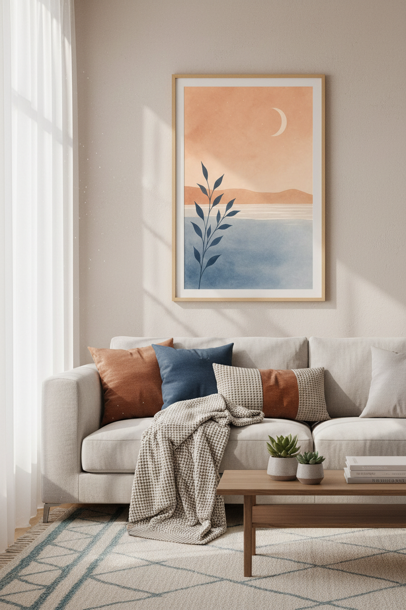 Abstract Landscape Wall Art | Terracotta &amp; Blue Moon Print, Boho Bedroom Decor