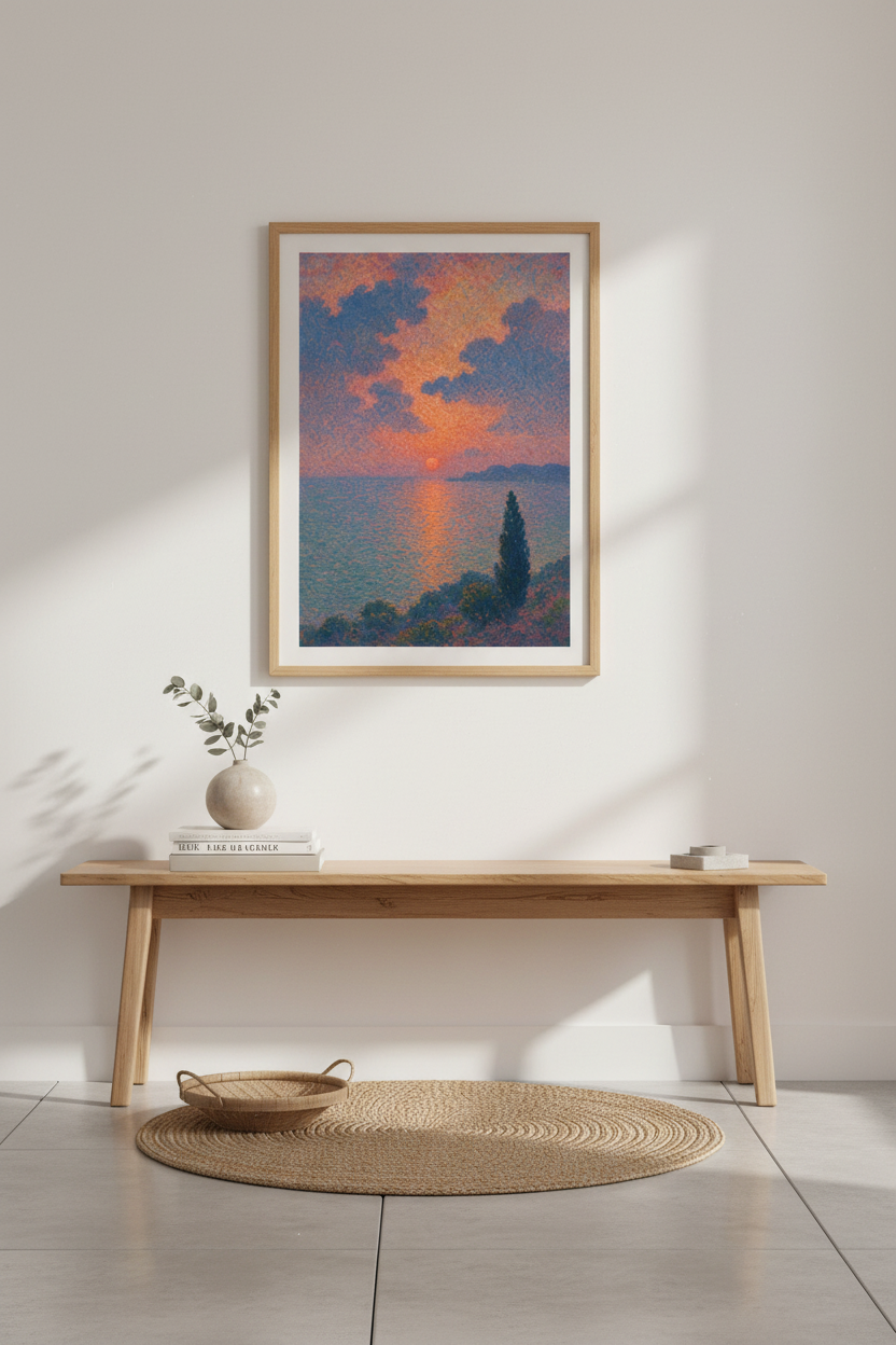 Sunset Lake Art | Impressionist Dawn Peach Living Room Decor | Warm Horizon Poster