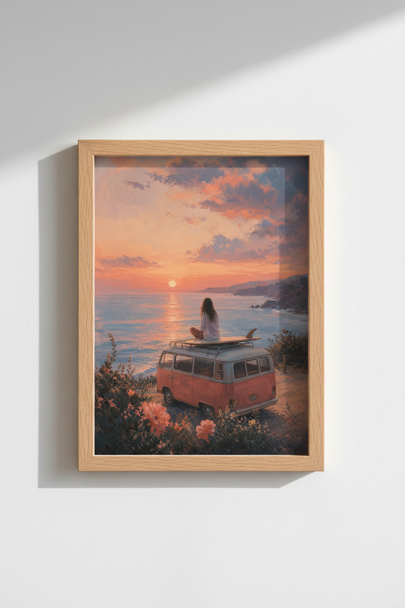 Coastal Sunset Wall Art Print | Vintage Van &amp; Surf Decor, Aesthetic Beach Poster