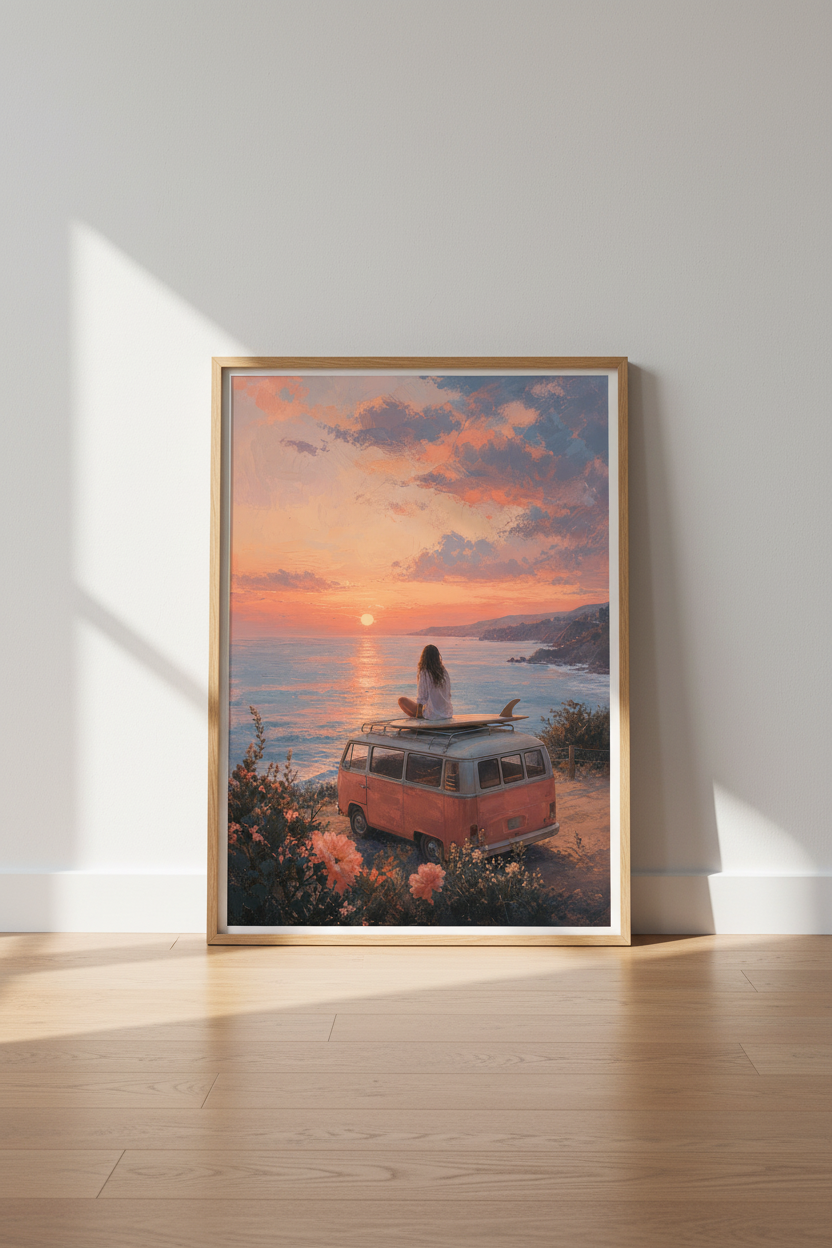Coastal Sunset Wall Art Print | Vintage Van &amp; Surf Decor, Aesthetic Beach Poster