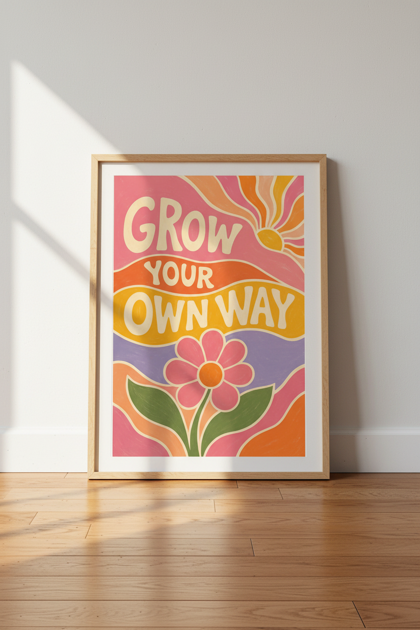 Grow Your Own Way | Retro 70s Floral Poster, Pastel Boho Bedroom Wall Art