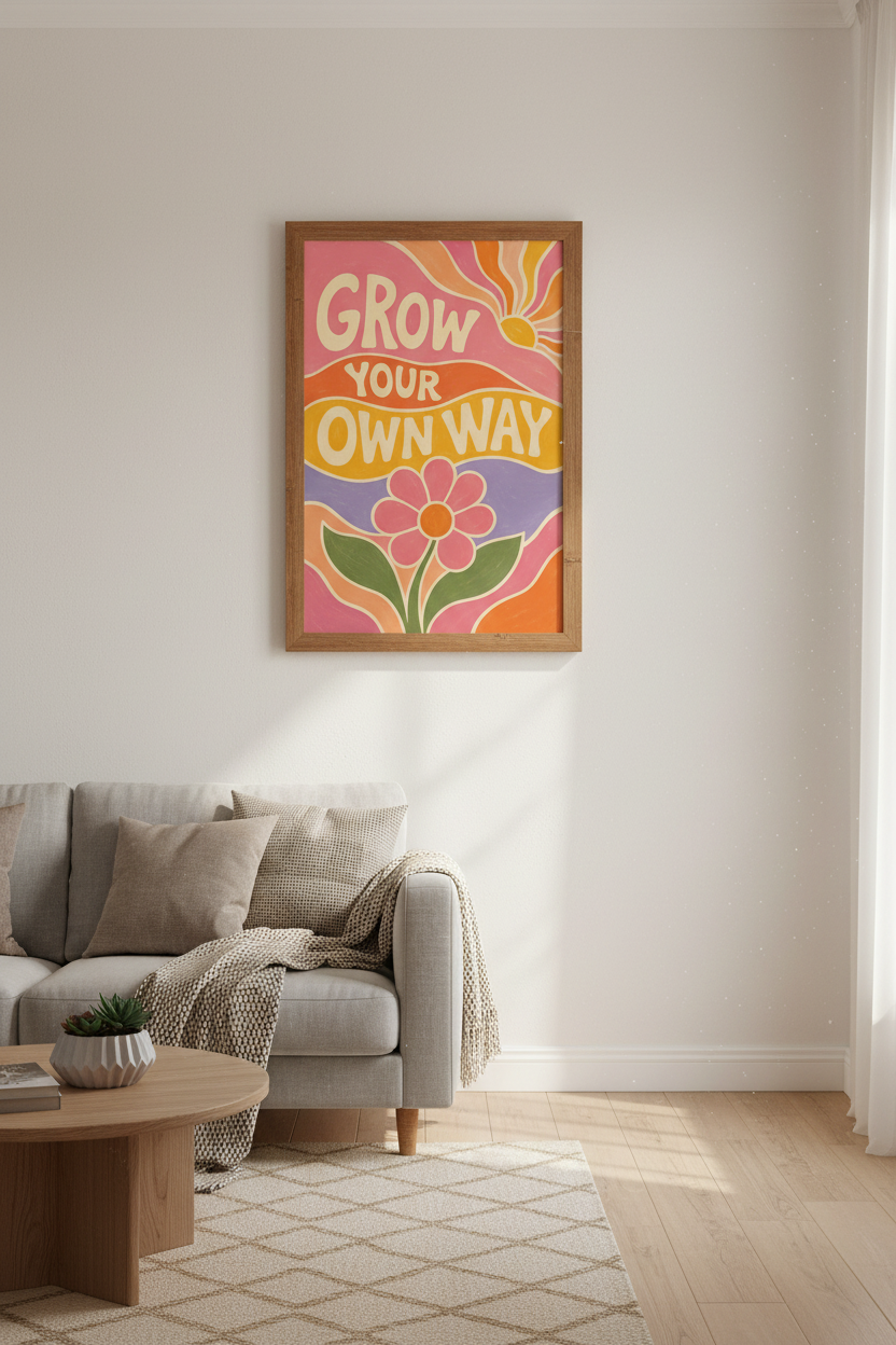 Grow Your Own Way | Retro 70s Floral Poster, Pastel Boho Bedroom Wall Art