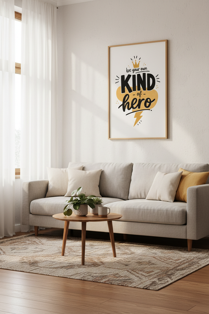 Be Your Own Kind of Hero Wall Art | Yellow Black Motivational Print, Kids Room Decor