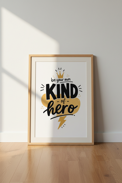 Be Your Own Kind of Hero Wall Art | Yellow Black Motivational Print, Kids Room Decor