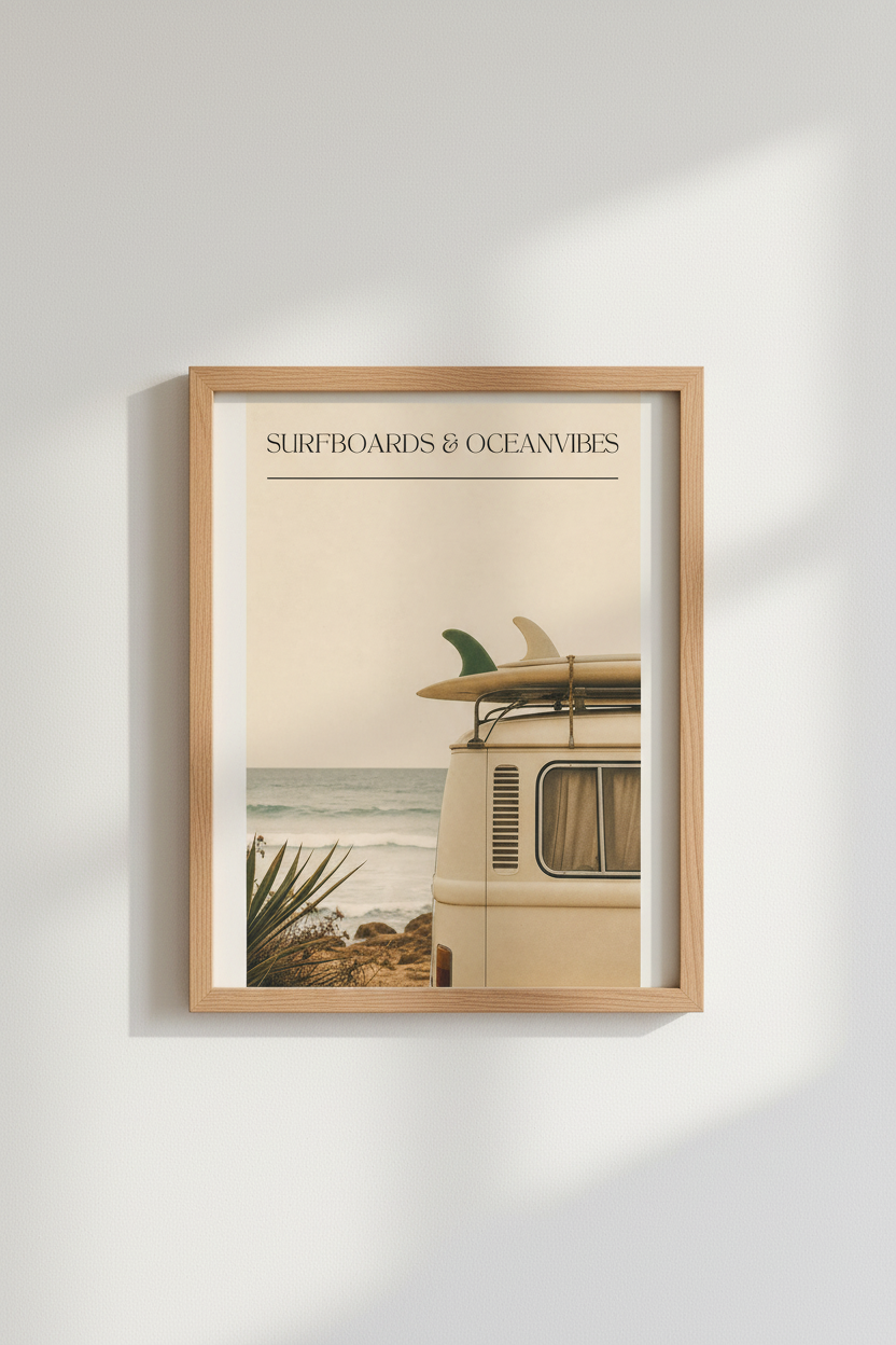 Surfboard Poster Print | Vintage Surf Van, Retro Coastal Beach House Wall Art Decor