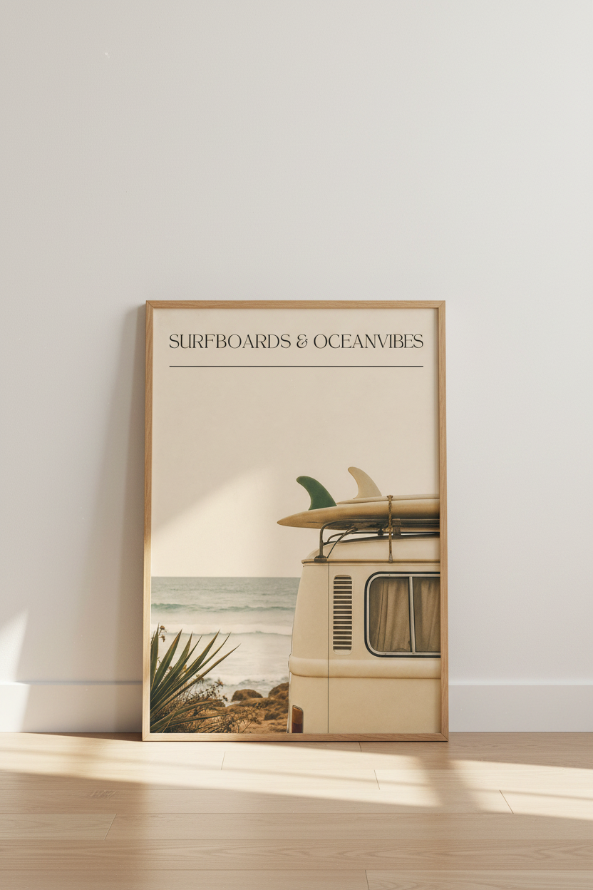 Surfboard Poster Print | Vintage Surf Van, Retro Coastal Beach House Wall Art Decor