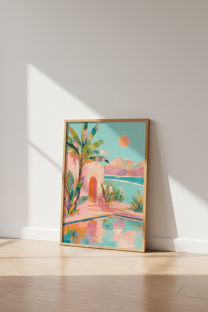 Mediterranean Coastal Villa | Pastel Pink &amp; Teal Art, Tropical Poolside Decor