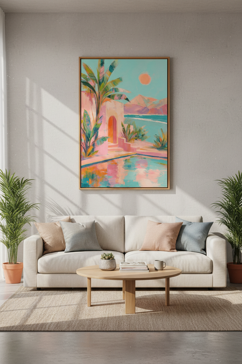 Mediterranean Coastal Villa | Pastel Pink &amp; Teal Art, Tropical Poolside Decor