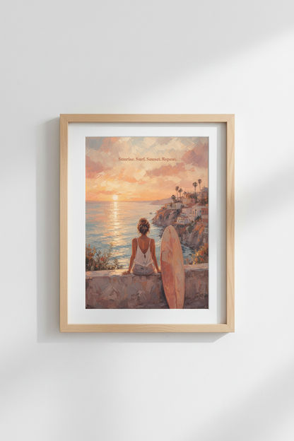 Coastal Surf Wall Art Print | Impressionist Beach Decor | Sunset Surf Poster