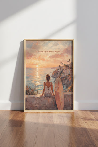 Coastal Surf Wall Art Print | Impressionist Beach Decor | Sunset Surf Poster