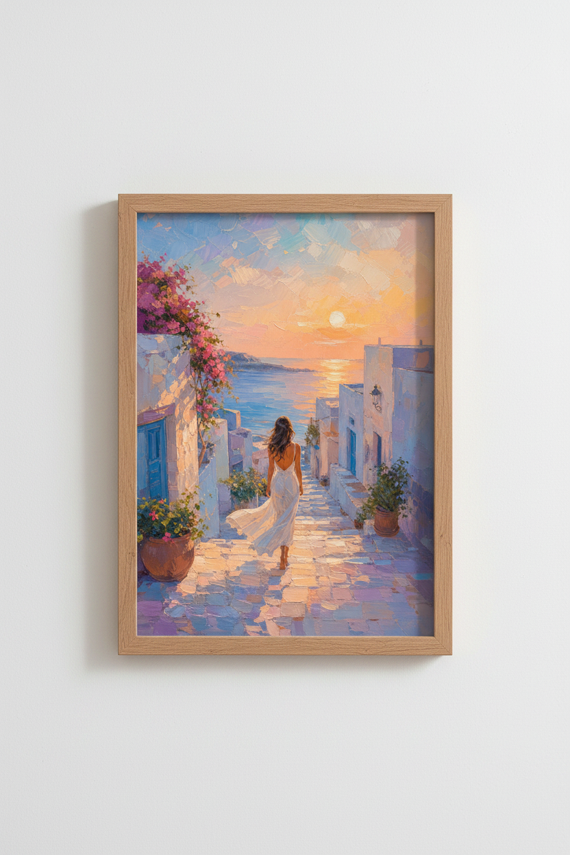 Coastal Greece Art Print | Mediterranean Sunset Poster, Greek Village Wall Decor