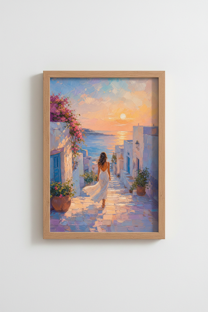 Coastal Greece Art Print | Mediterranean Sunset Poster, Greek Village Wall Decor
