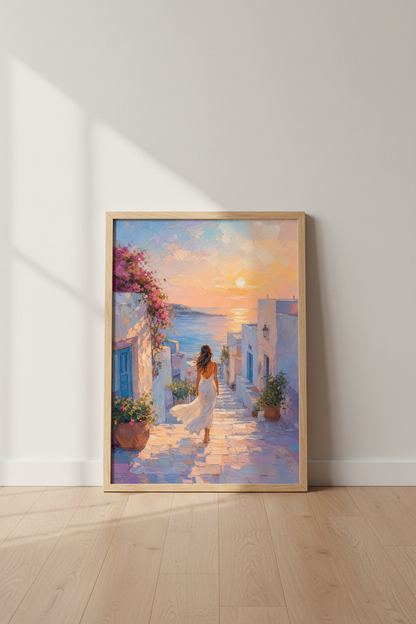 Coastal Greece Art Print | Mediterranean Sunset Poster, Greek Village Wall Decor
