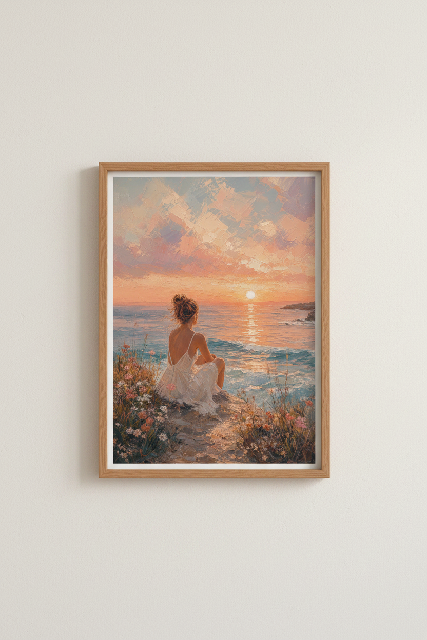 Coastal Impressionist Art Print | Sunset Beach Poster, Framed or Digital Download Decor