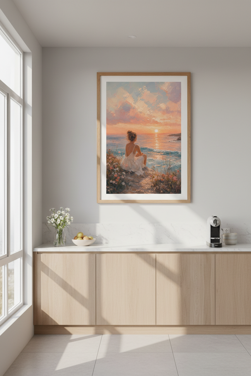 Coastal Impressionist Art Print | Sunset Beach Poster, Framed or Digital Download Decor