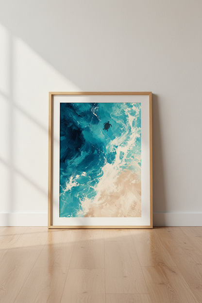 Coastal Ocean Art Print | Sea Turtle Beach Decor | Blue Teal Impressionist Poster