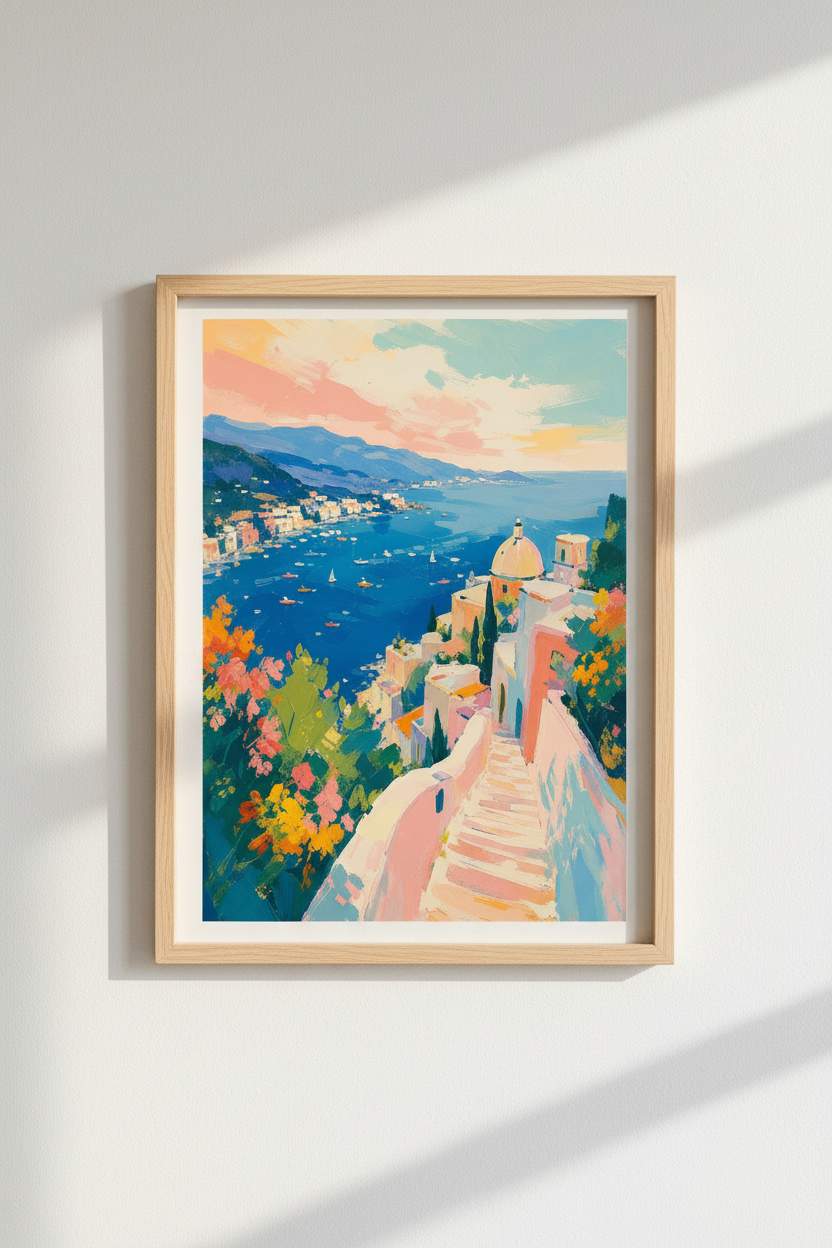 Amalfi Coast Wall Art Print | Italian Positano Decor, Palette Knife Poster