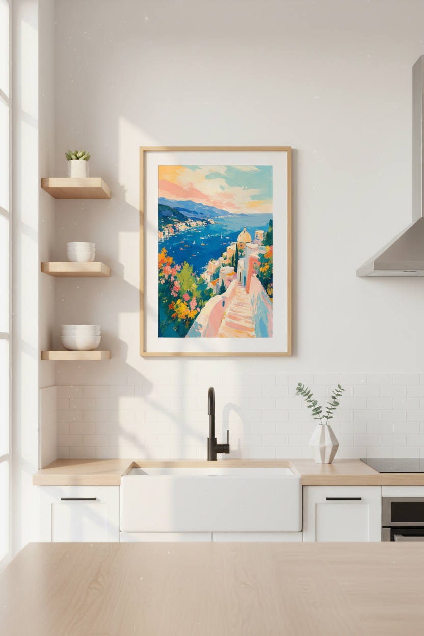 Amalfi Coast Wall Art Print | Italian Positano Decor, Palette Knife Poster