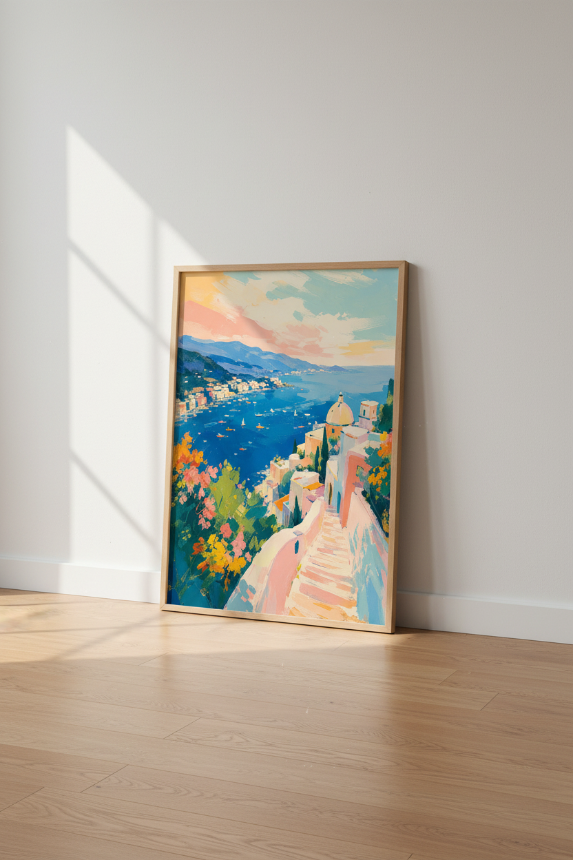 Amalfi Coast Wall Art Print | Italian Positano Decor, Palette Knife Poster