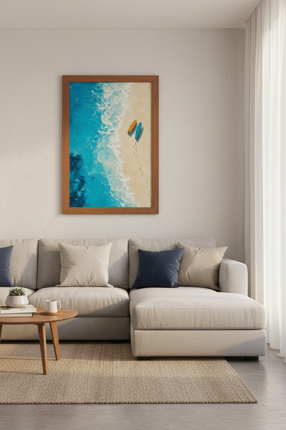Aerial Surfboard Beach Art | Textured Blue Ocean Print, Coastal Home Decor