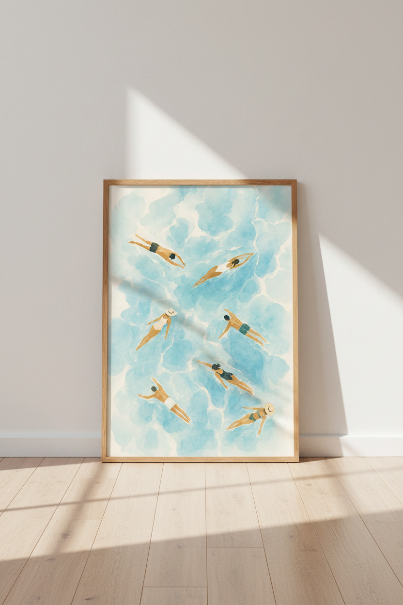 Aerial Swimmers Watercolor Print | Blue Coastal Decor | Minimalist Beach Poster