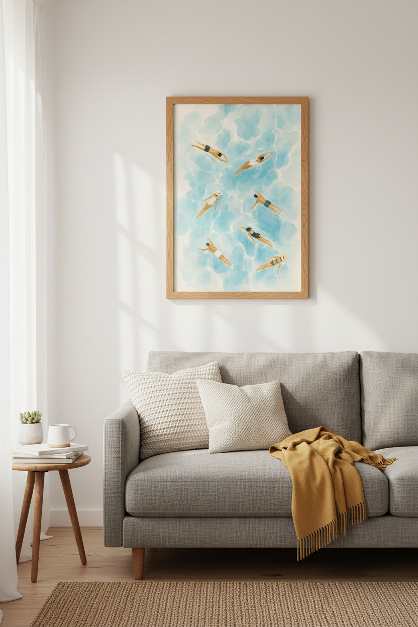 Aerial Swimmers Watercolor Print | Blue Coastal Decor | Minimalist Beach Poster