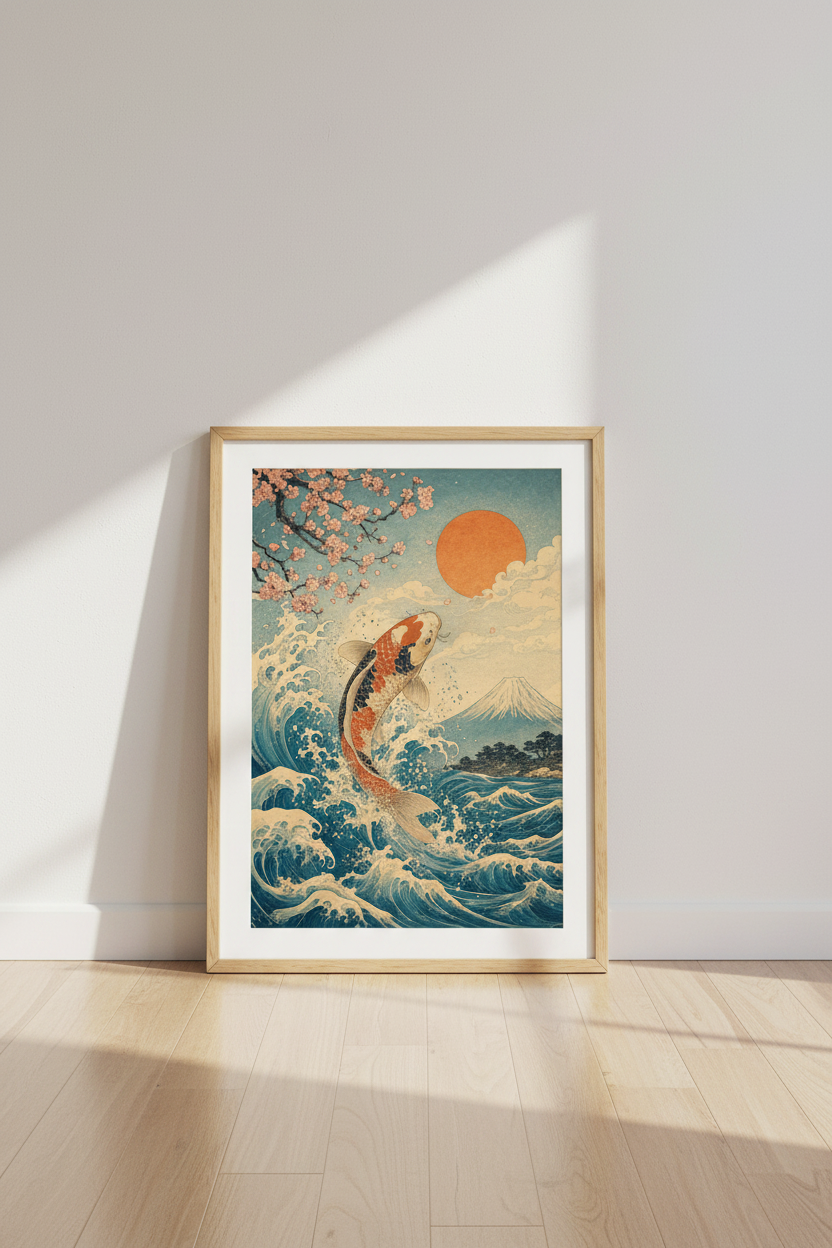 Koi Fish &amp; Great Wave Wall Art | Japanese Ukiyo-e Style Print | Zen Home Decor
