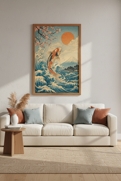 Koi Fish &amp; Great Wave Wall Art | Japanese Ukiyo-e Style Print | Zen Home Decor
