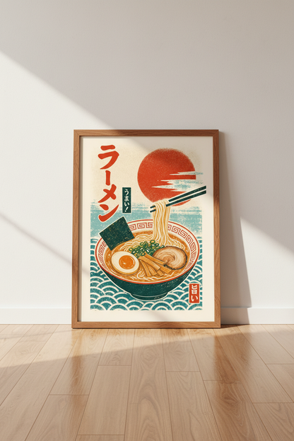Japanese Ramen Bowl Art | Retro Food Illustration, Kitchen &amp; Dining Room Decor