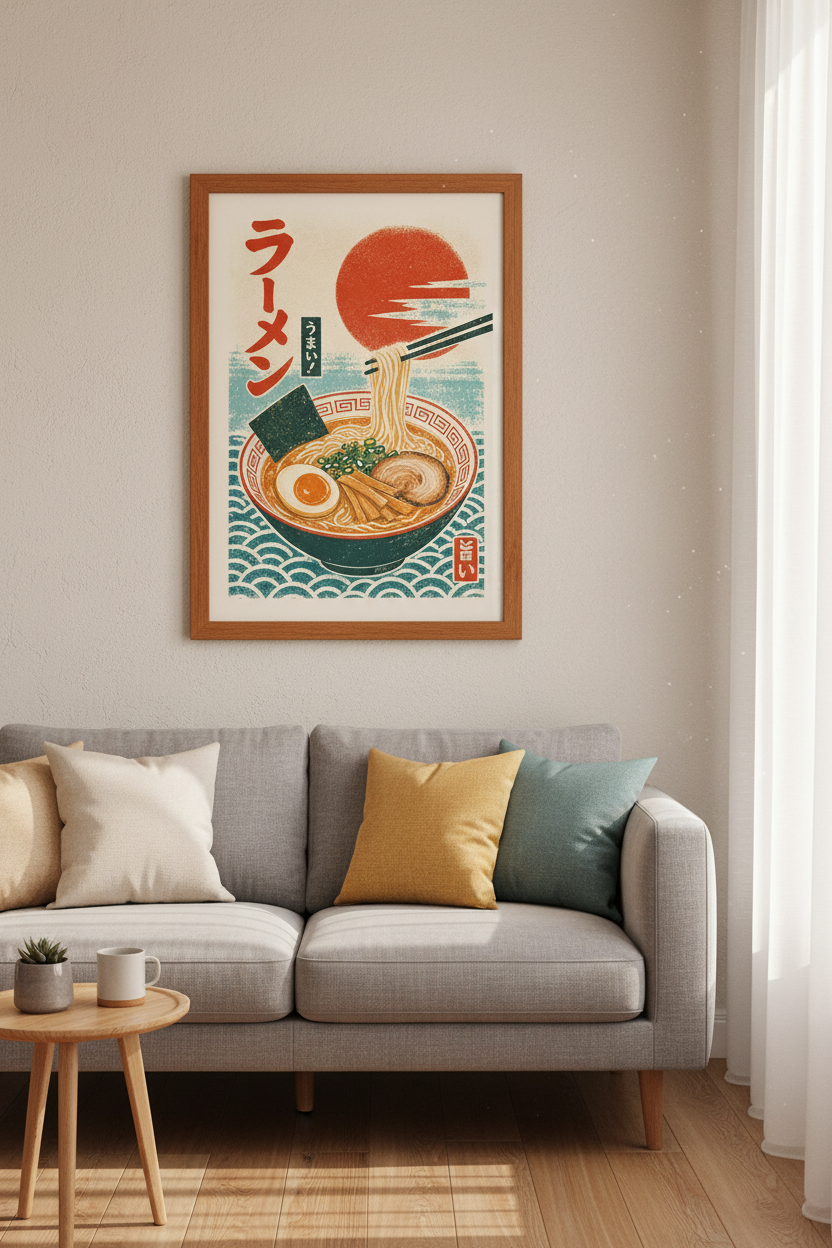 Japanese Ramen Bowl Art | Retro Food Illustration, Kitchen &amp; Dining Room Decor