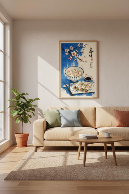 Japanese Food Art Print | Blue Floral Kitchen Decor | Asian Aesthetic Poster